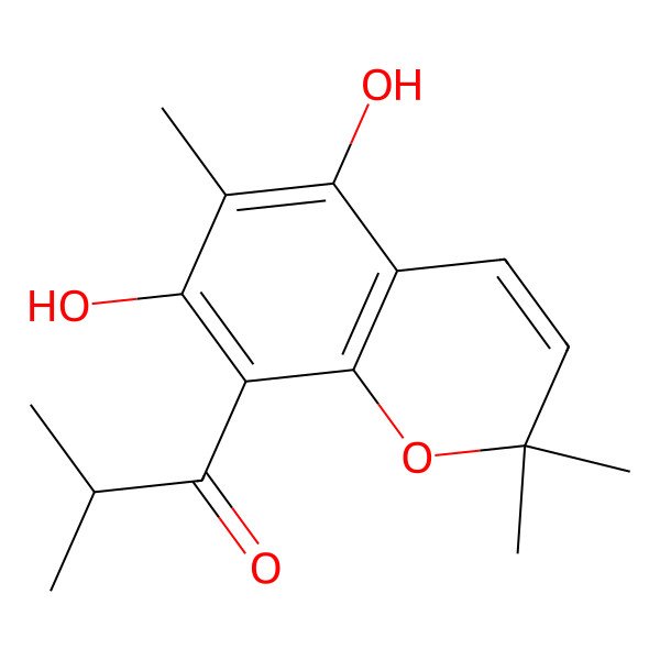 2D Structure of 1-(5,7-Dihydroxy-2,2,6-trimethyl-2 h-1-benzopyran-8-yl)-2-methyl-1-propanone 2D Structure of 1-(5,7-Dihydroxy-2,2,6-trimethyl-2 h-1-benzopyran-8-yl)-2-methyl-1-propanone