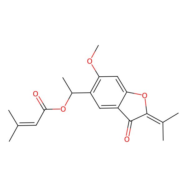 2D Structure of 1-(6-Methoxy-3-oxo-2-propan-2-ylidene-1-benzofuran-5-yl)ethyl 3-methylbut-2-enoate