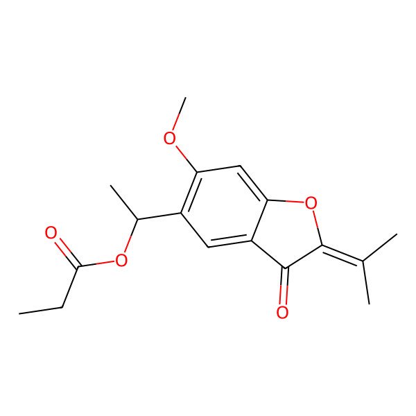 2D Structure of 1-(6-Methoxy-3-oxo-2-propan-2-ylidene-1-benzofuran-5-yl)ethyl propanoate