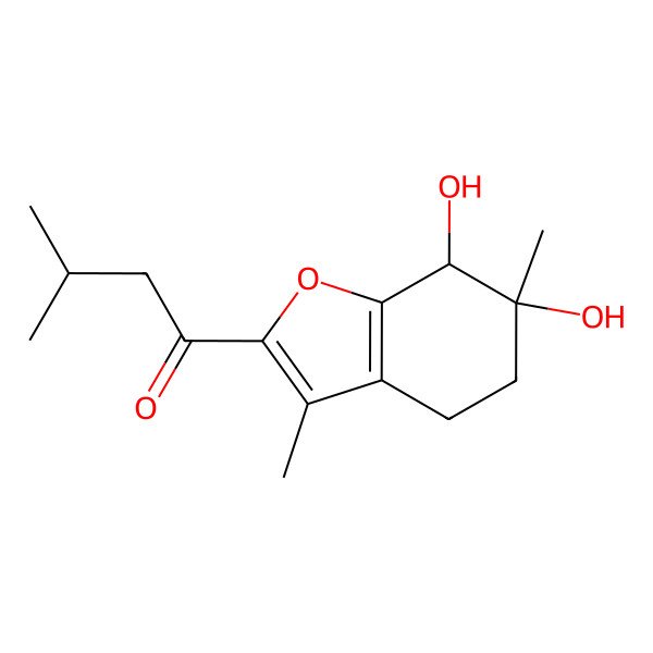 2D Structure of 1-[(6S,7S)-6,7-dihydroxy-3,6-dimethyl-5,7-dihydro-4H-1-benzofuran-2-yl]-3-methylbutan-1-one