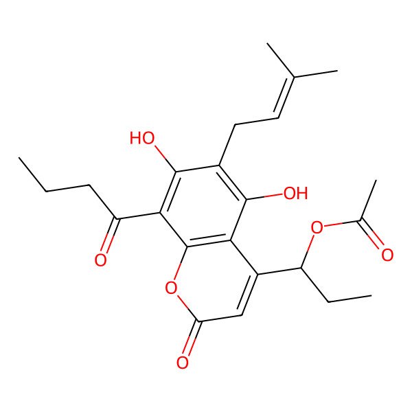 2D Structure of 1-[8-Butanoyl-5,7-dihydroxy-6-(3-methylbut-2-enyl)-2-oxochromen-4-yl]propyl acetate