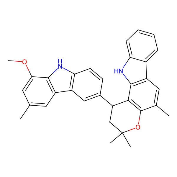 2D Structure of 1-(8-methoxy-6-methyl-9H-carbazol-3-yl)-3,3,5-trimethyl-2,11-dihydro-1H-pyrano[3,2-a]carbazole