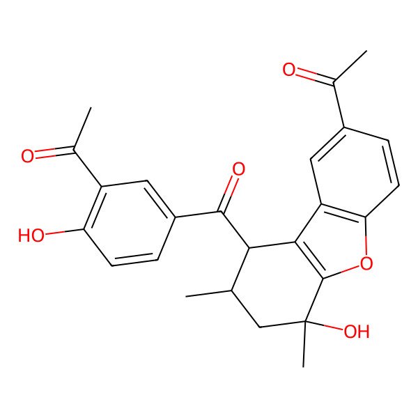 2D Structure of 1-[9-(3-acetyl-4-hydroxybenzoyl)-6-hydroxy-6,8-dimethyl-8,9-dihydro-7H-dibenzofuran-2-yl]ethanone