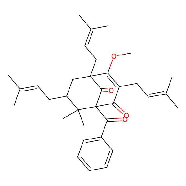 2D Structure of 1-Benzoyl-4-methoxy-8,8-dimethyl-3,5,7-tris(3-methylbut-2-enyl)bicyclo[3.3.1]non-3-ene-2,9-dione