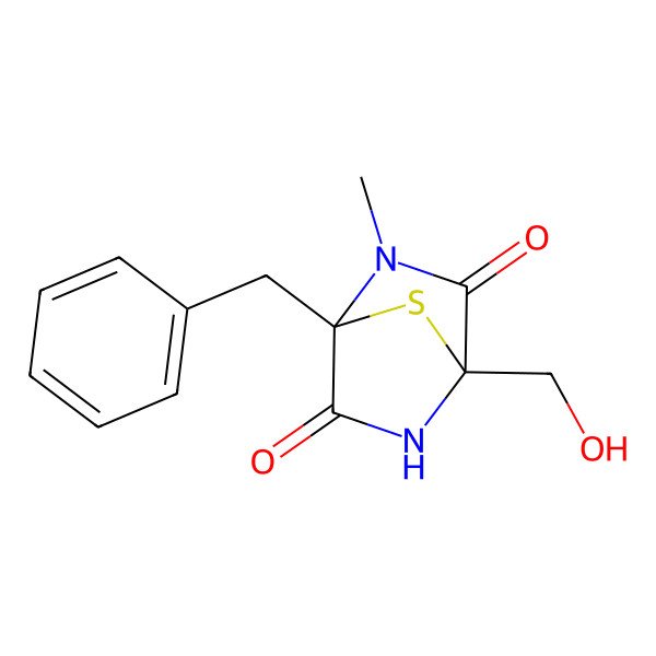 2D Structure of 1-Benzyl-4-(hydroxymethyl)-2-methyl-7-thia-2,5-diazabicyclo[2.2.1]heptane-3,6-dione