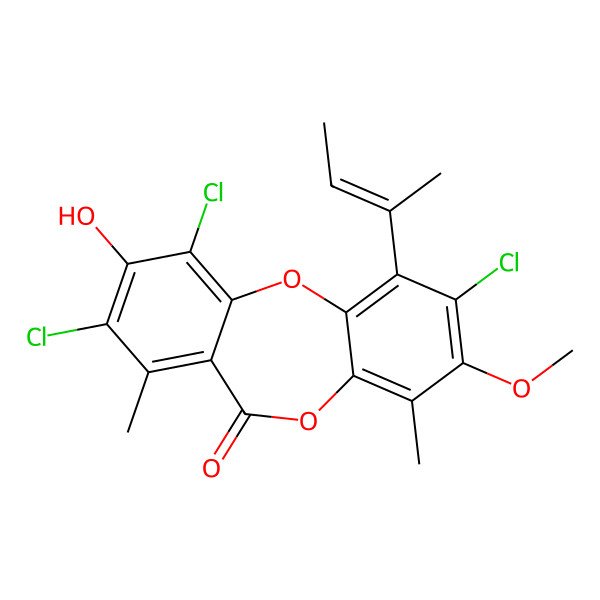 2D Structure of 1-But-2-en-2-yl-2,8,10-trichloro-9-hydroxy-3-methoxy-4,7-dimethylbenzo[b][1,4]benzodioxepin-6-one