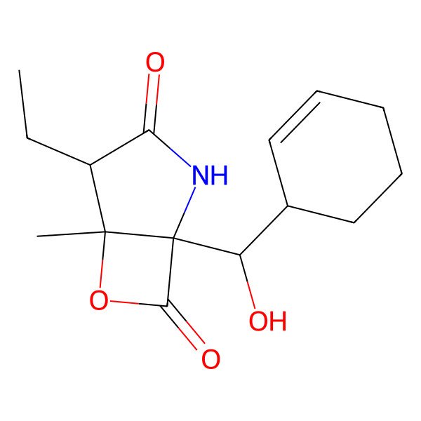 2D Structure of 1-[Cyclohex-2-en-1-yl(hydroxy)methyl]-4-ethyl-5-methyl-6-oxa-2-azabicyclo[3.2.0]heptane-3,7-dione