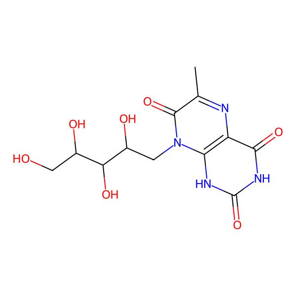 2D Structure of 1-deoxy-1-(7-hydroxy-6-methyl-2,4-dioxo-3,4-dihydropteridin-8(2H)-yl)-D-ribitol
