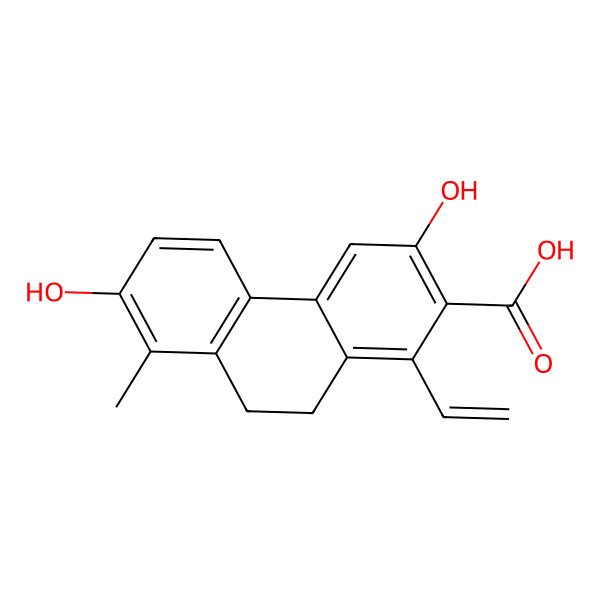 2D Structure of 1-Ethenyl-3,7-dihydroxy-8-methyl-9,10-dihydrophenanthrene-2-carboxylic acid 2D Structure of 1-Ethenyl-3,7-dihydroxy-8-methyl-9,10-dihydrophenanthrene-2-carboxylic acid