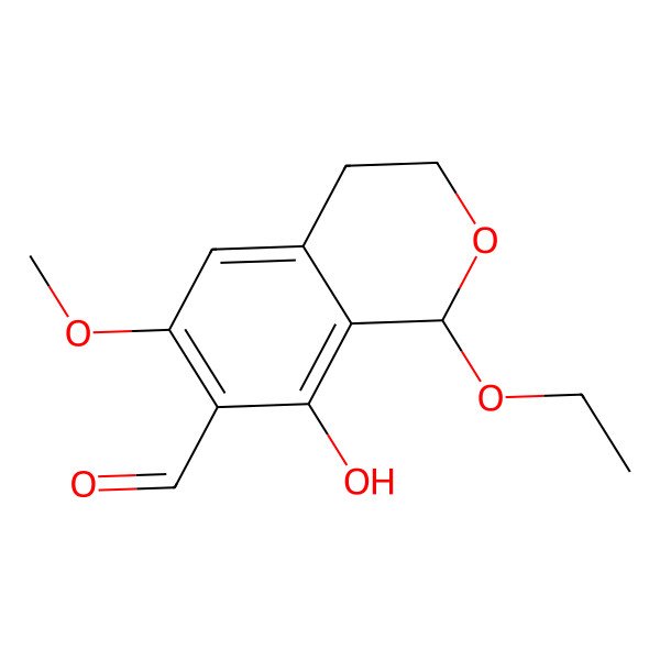 2D Structure of 1-ethoxy-8-hydroxy-6-methoxy-3,4-dihydro-1H-isochromene-7-carbaldehyde