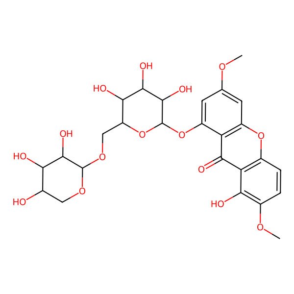2D Structure of 1-Hydroxy-2,6-dimethoxy-8-[(6-O-beta-D-xylopyranosyl-beta-D-glucopyranosyl)oxy]-9H-xanthen-9-one