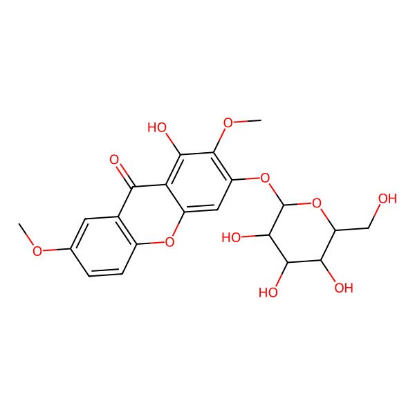 2D Structure of 1-Hydroxy-2,7-dimethoxy-3-(beta-D-glucopyranosyloxy)-9H-xanthene-9-one