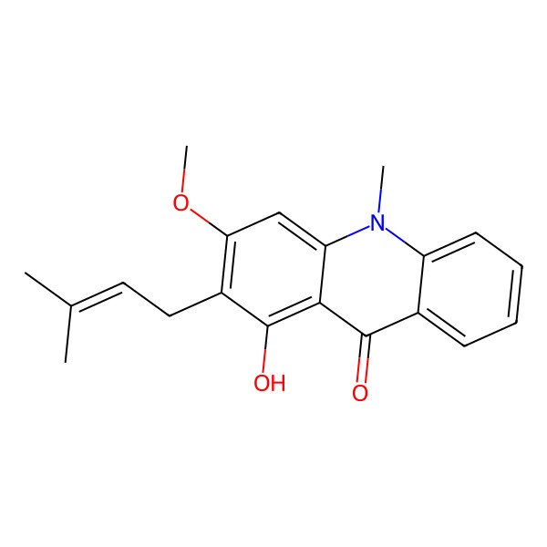 2D Structure of 1-Hydroxy-3-methoxy-10-methyl-2-(3-methylbut-2-enyl)acridin-9-one