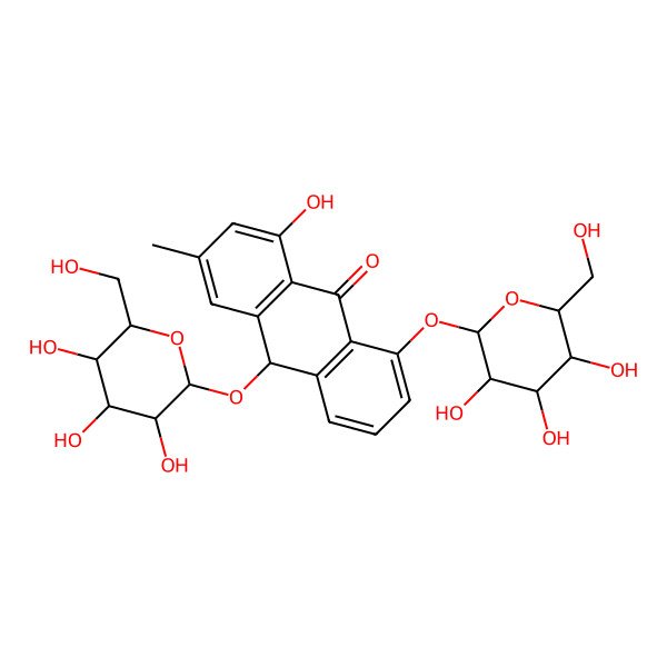 2D Structure of 1-hydroxy-3-methyl-8,10-bis[[3,4,5-trihydroxy-6-(hydroxymethyl)oxan-2-yl]oxy]-10H-anthracen-9-one