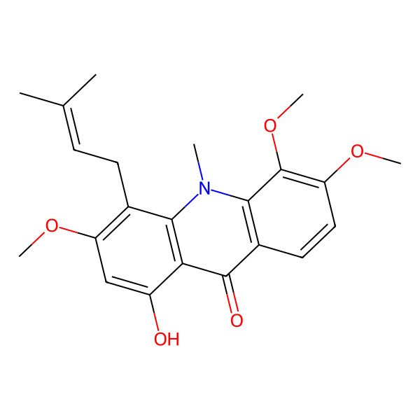 2D Structure of 1-Hydroxy-3,5,6-trimethoxy-10-methyl-4-(3-methylbut-2-enyl)acridin-9-one