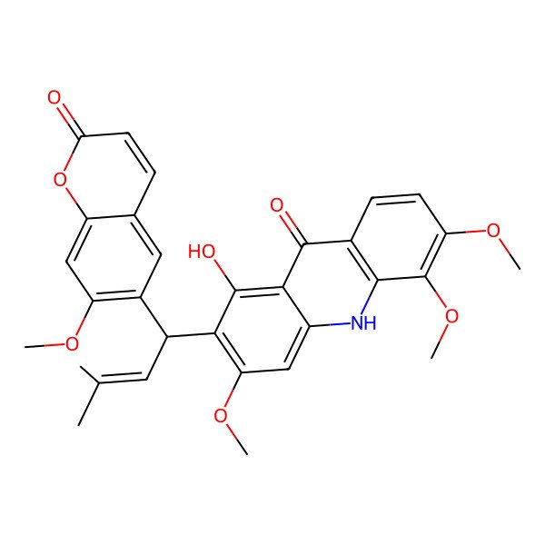 2D Structure of 1-hydroxy-3,5,6-trimethoxy-2-[1-(7-methoxy-2-oxochromen-6-yl)-3-methylbut-2-enyl]-10H-acridin-9-one