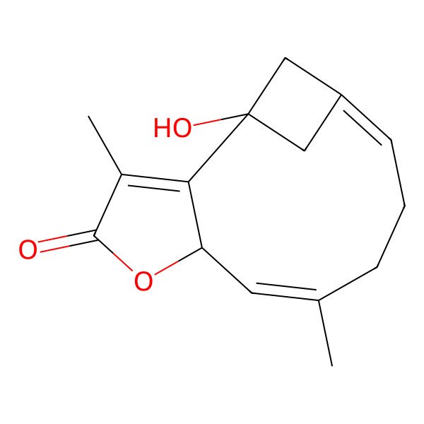 2D Structure of 1-Hydroxy-3,8-dimethyl-5-oxatricyclo[10.1.1.02,6]tetradeca-2,7,11-trien-4-one