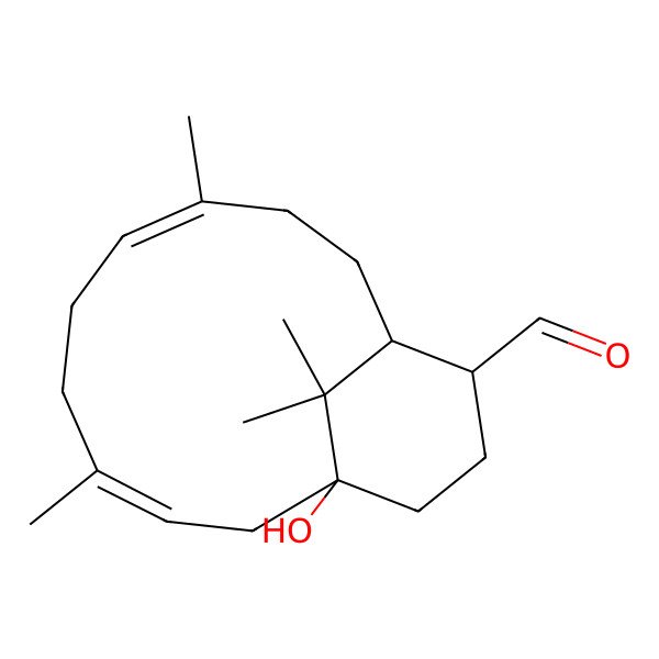 2D Structure of 1-Hydroxy-4,8,15,15-tetramethylbicyclo[9.3.1]pentadeca-3,7-diene-12-carbaldehyde