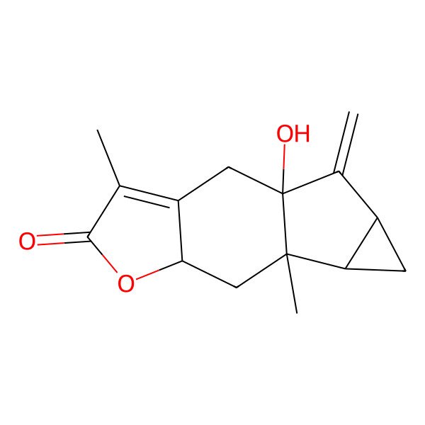 2D Structure of 1-Hydroxy-4,9-dimethyl-13-methylidene-6-oxatetracyclo[7.4.0.03,7.010,12]tridec-3-en-5-one