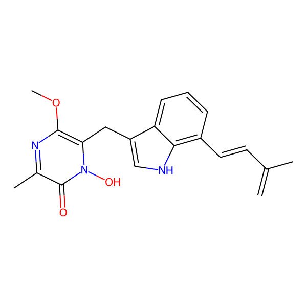 2D Structure of 1-hydroxy-5-methoxy-3-methyl-6-[[7-(3-methylbuta-1,3-dienyl)-1H-indol-3-yl]methyl]pyrazin-2-one
