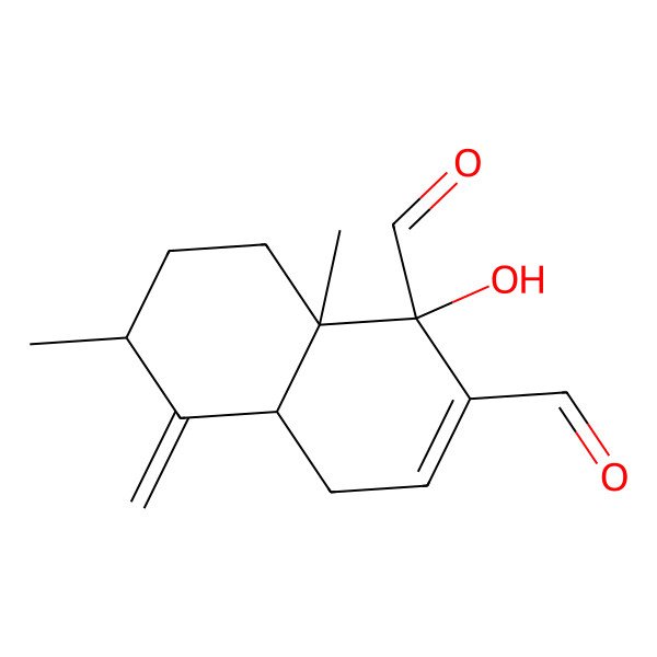 2D Structure of 1-hydroxy-6,8a-dimethyl-5-methylidene-4a,6,7,8-tetrahydro-4H-naphthalene-1,2-dicarbaldehyde 2D Structure of 1-hydroxy-6,8a-dimethyl-5-methylidene-4a,6,7,8-tetrahydro-4H-naphthalene-1,2-dicarbaldehyde