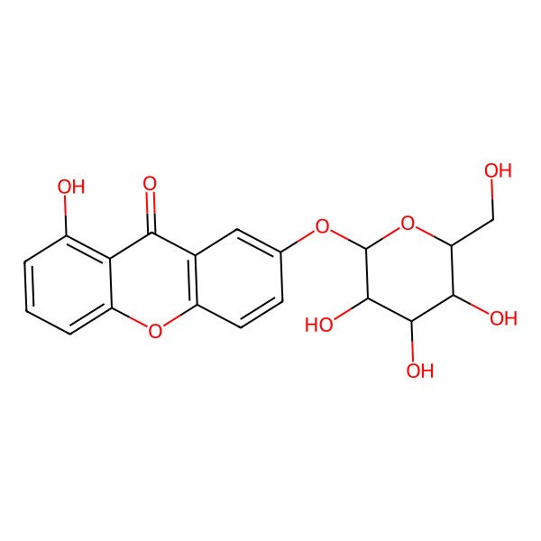 2D Structure of 1-hydroxy-7-[(2S,3R,4S,5R,6R)-3,4,5-trihydroxy-6-(hydroxymethyl)oxan-2-yl]oxyxanthen-9-one