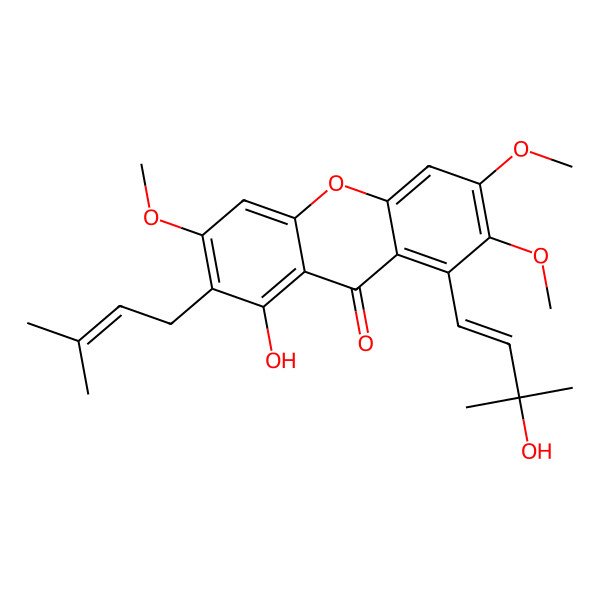 2D Structure of 1-Hydroxy-8-(3-hydroxy-3-methylbut-1-enyl)-3,6,7-trimethoxy-2-(3-methylbut-2-enyl)xanthen-9-one 2D Structure of 1-Hydroxy-8-(3-hydroxy-3-methylbut-1-enyl)-3,6,7-trimethoxy-2-(3-methylbut-2-enyl)xanthen-9-one