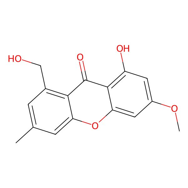 2D Structure of 1-hydroxy-8-(hydroxymethyl)-3-methoxy-6-methyl-9H-xanthen-9-one