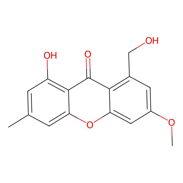 2D Structure of 1-hydroxy-8-(hydroxymethyl)-6-methoxy-3-methyl-9H-xanthen-9-one