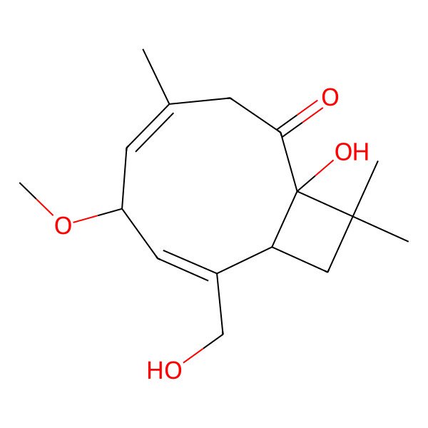 2D Structure of 1-Hydroxy-8-(hydroxymethyl)-6-methoxy-4,11,11-trimethylbicyclo[7.2.0]undeca-4,7-dien-2-one