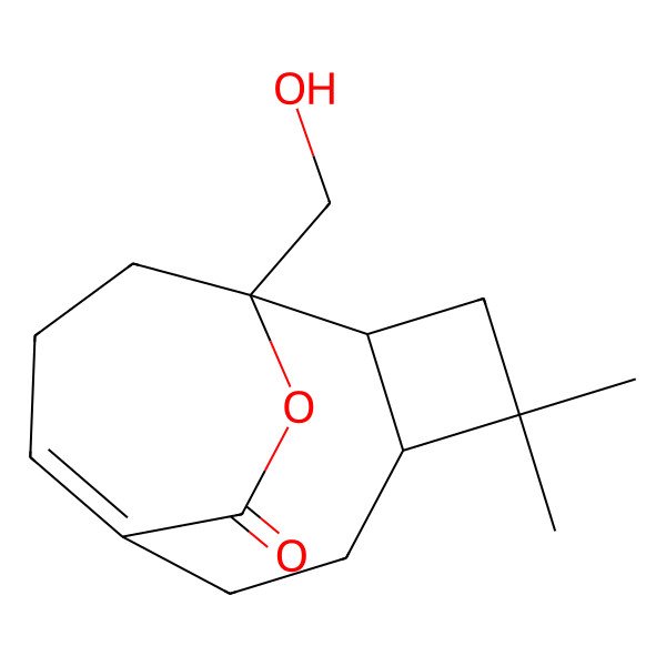 2D Structure of 1-(Hydroxymethyl)-4,4-dimethyl-12-oxatricyclo[6.3.2.02,5]tridec-8-en-13-one