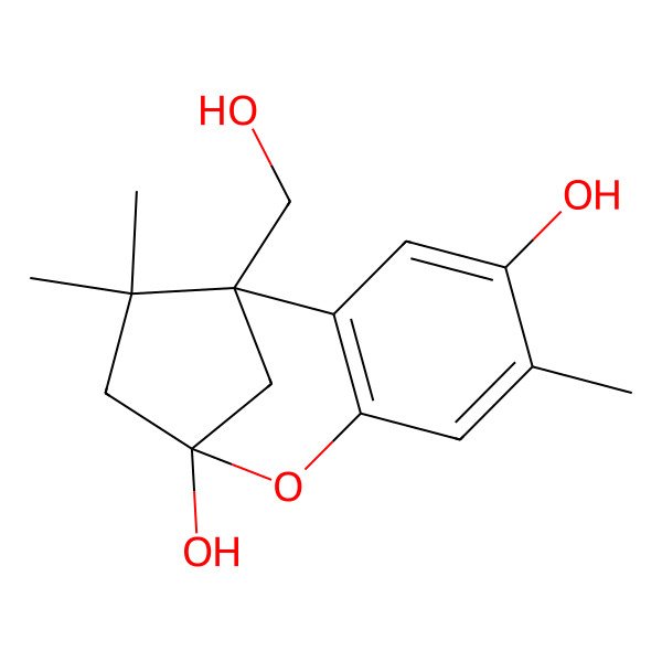 2D Structure of 1-(Hydroxymethyl)-5,11,11-trimethyl-8-oxatricyclo[7.2.1.02,7]dodeca-2(7),3,5-triene-4,9-diol