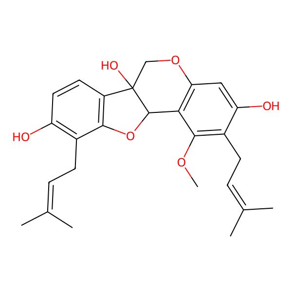 2D Structure of 1-Methoxy-2,10-bis(3-methylbut-2-enyl)-6,11a-dihydro-[1]benzofuro[3,2-c]chromene-3,6a,9-triol