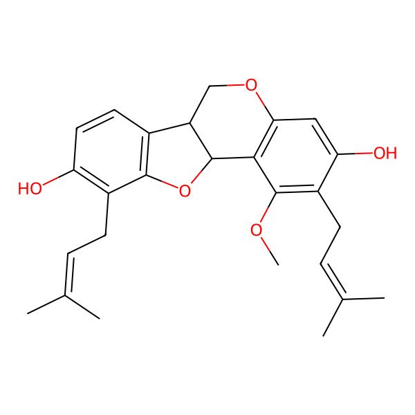 2D Structure of 1-methoxy-2,10-bis(3-methylbut-2-enyl)-6a,11a-dihydro-6H-[1]benzofuro[3,2-c]chromene-3,9-diol