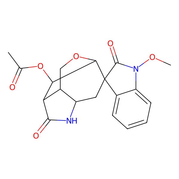 2D Structure of (1'-Methoxy-2',6-dioxospiro[10-oxa-5-azatricyclo[5.3.1.04,8]undecane-2,3'-indole]-11-yl) acetate