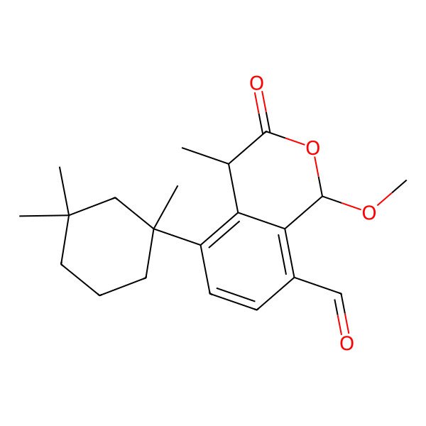 2D Structure of 1-Methoxy-4-methyl-3-oxo-5-(1,3,3-trimethylcyclohexyl)-1,4-dihydroisochromene-8-carbaldehyde