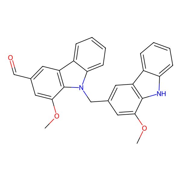 2D Structure of 1-methoxy-9-[(1-methoxy-9H-carbazol-3-yl)methyl]carbazole-3-carbaldehyde
