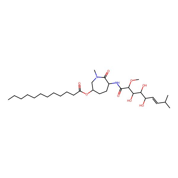 2D Structure of [1-Methyl-7-oxo-6-[(3,4,5-trihydroxy-2-methoxy-8-methylnon-6-enoyl)amino]azepan-3-yl] dodecanoate