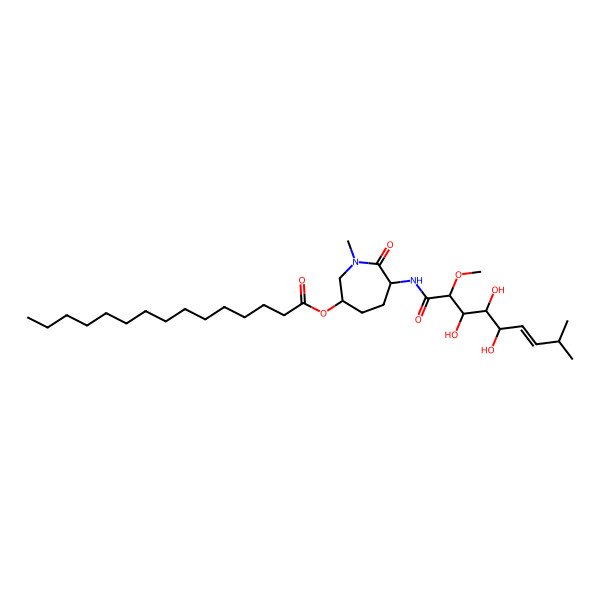 2D Structure of [1-Methyl-7-oxo-6-[(3,4,5-trihydroxy-2-methoxy-8-methylnon-6-enoyl)amino]azepan-3-yl] pentadecanoate