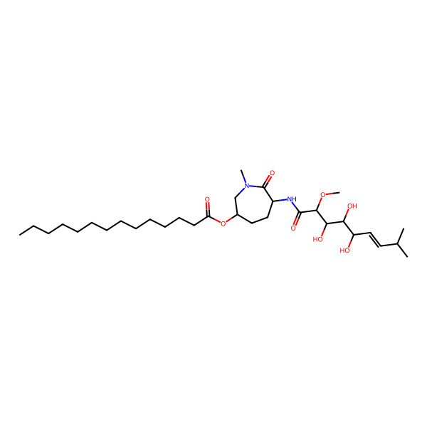 2D Structure of [1-Methyl-7-oxo-6-[(3,4,5-trihydroxy-2-methoxy-8-methylnon-6-enoyl)amino]azepan-3-yl] tetradecanoate