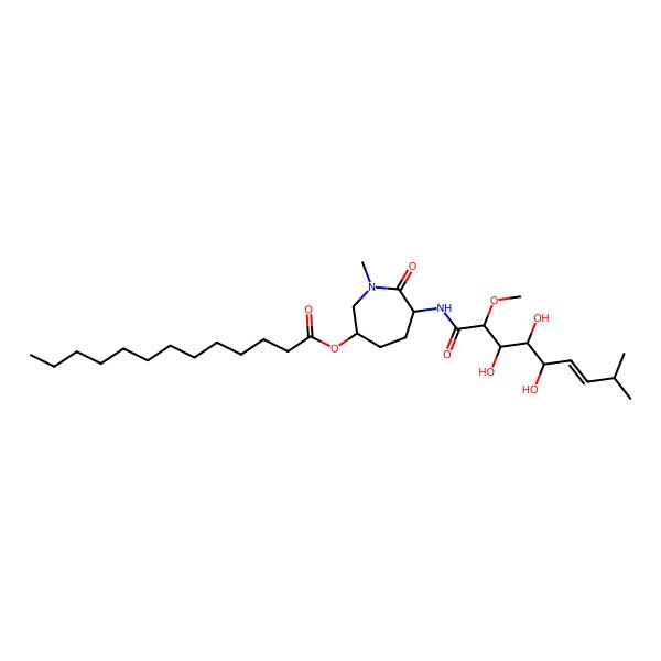2D Structure of [1-Methyl-7-oxo-6-[(3,4,5-trihydroxy-2-methoxy-8-methylnon-6-enoyl)amino]azepan-3-yl] tridecanoate