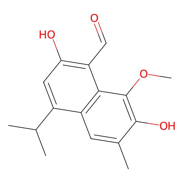 2D Structure of 1-Naphthalenecarboxaldehyde, 2,7-dihydroxy-8-methoxy-6-methyl-4-(1-methylethyl)- 2D Structure of 1-Naphthalenecarboxaldehyde, 2,7-dihydroxy-8-methoxy-6-methyl-4-(1-methylethyl)-