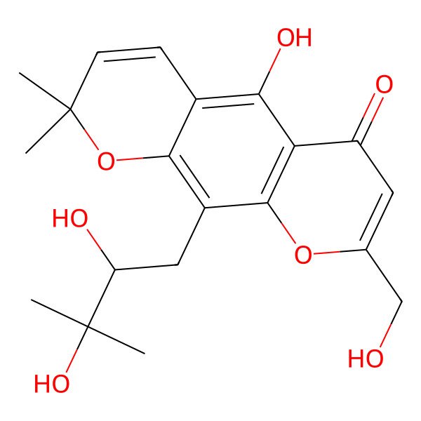 2D Structure of 10-(2,3-Dihydroxy-3-methylbutyl)-5-hydroxy-8-(hydroxymethyl)-2,2-dimethylpyrano[3,2-g]chromen-6-one