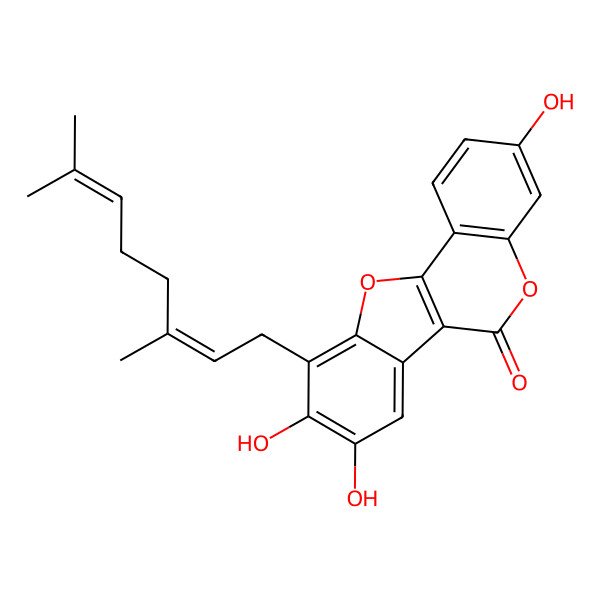 2D Structure of 10-[(2E)-3,7-dimethylocta-2,6-dienyl]-3,8,9-trihydroxy-[1]benzofuro[3,2-c]chromen-6-one
