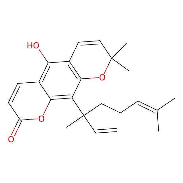 2D Structure of 10-[(3R)-3,7-dimethylocta-1,6-dien-3-yl]-5-hydroxy-2,2-dimethylpyrano[3,2-g]chromen-8-one
