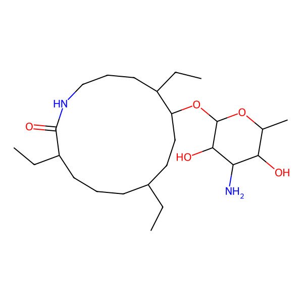2D Structure of 10-(4-Amino-3,5-dihydroxy-6-methyloxan-2-yl)oxy-3,7,11-triethyl-azacyclotetradecan-2-one
