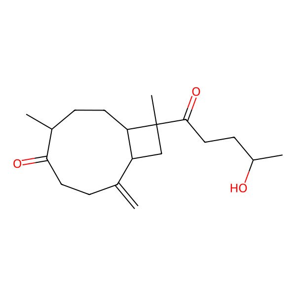 2D Structure of 10-(4-Hydroxypentanoyl)-6,10-dimethyl-2-methylidenebicyclo[7.2.0]undecan-5-one
