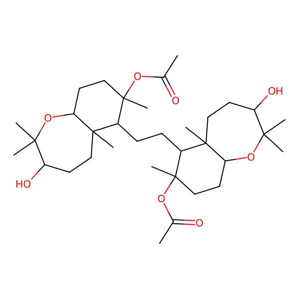 2D Structure of [(3S,5aS,6S,7S,9aS)-6-[2-[(3S,5aS,6S,7R,9aS)-7-acetyloxy-3-hydroxy-2,2,5a,7-tetramethyl-4,5,6,8,9,9a-hexahydro-3H-benzo[b]oxepin-6-yl]ethyl]-3-hydroxy-2,2,5a,7-tetramethyl-4,5,6,8,9,9a-hexahydro-3H-benzo[b]oxepin-7-yl] acetate