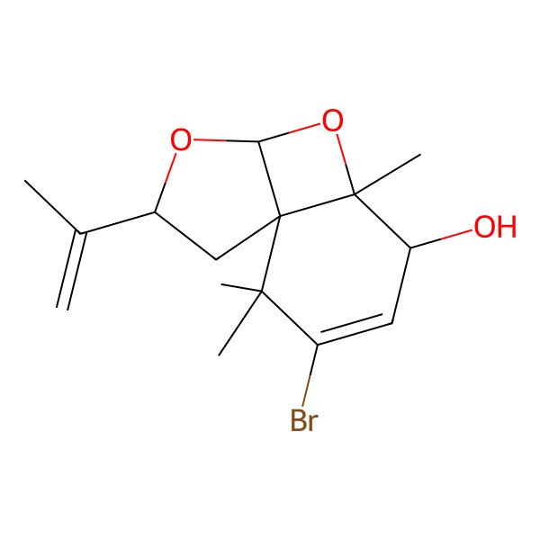 2D Structure of 10-Bromo-7,11,11-trimethyl-3-prop-1-en-2-yl-4,6-dioxatricyclo[5.4.0.01,5]undec-9-en-8-ol