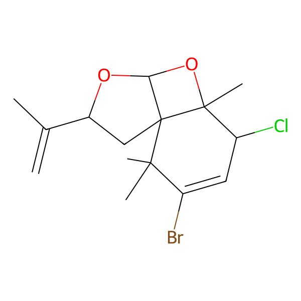 2D Structure of 10-Bromo-8-chloro-7,11,11-trimethyl-3-prop-1-en-2-yl-4,6-dioxatricyclo[5.4.0.01,5]undec-9-ene